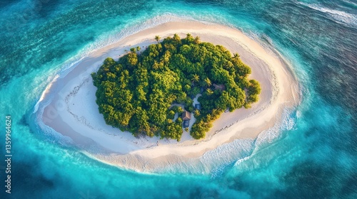 Fototapeta Naklejka Na Ścianę i Meble -  Picturesque tropical island in turquoise ocean. Lush greenery surrounds pristine white sand beach