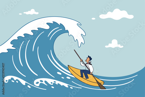 Escape from business crisis, recession or risk, adversity or challenge to survive danger, uncertainty or vulnerability, run away from trapped, hopeless concept, businessman escape from danger wave.