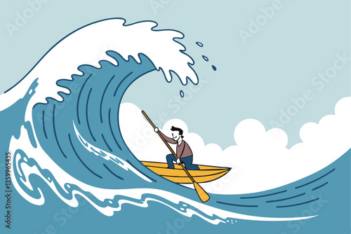Escape from business crisis, recession or risk, adversity or challenge to survive danger, uncertainty or vulnerability, run away from trapped, hopeless concept, businessman escape from danger wave.