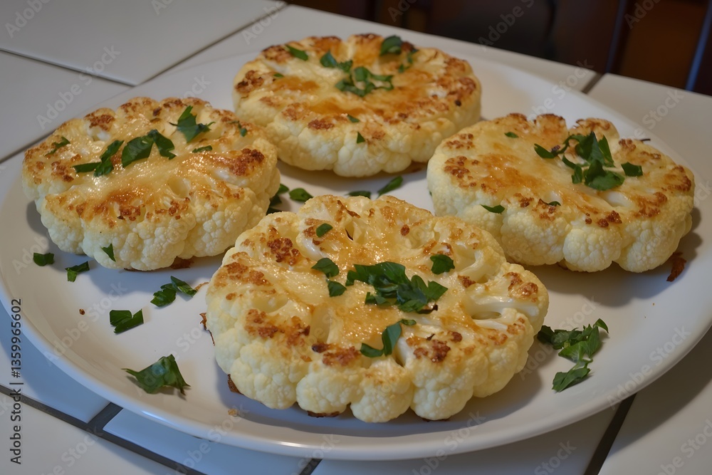 Fototapeta premium Roasted Cauliflower Steaks with Parsley Garnish, Delicious Vegan Recipe