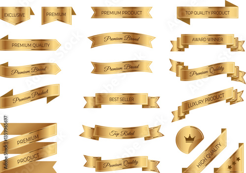 Collection of elegant and luxury gold ribbons and banners. Includes premium product labels, award winner badges and best-seller ribbons. Isolated vector illustration designs for branding and marketing