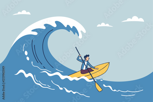 Escape from business crisis, recession or risk, adversity or challenge to survive danger, uncertainty or vulnerability, run away from trapped, hopeless concept, businessman escape from danger wave.