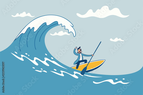 Escape from business crisis, recession or risk, adversity or challenge to survive danger, uncertainty or vulnerability, run away from trapped, hopeless concept, businessman escape from danger wave.