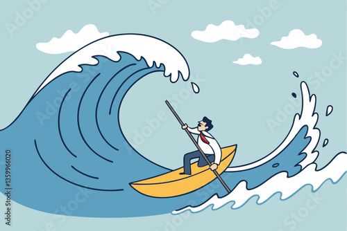 Escape from business crisis, recession or risk, adversity or challenge to survive danger, uncertainty or vulnerability, run away from trapped, hopeless concept, businessman escape from danger wave.