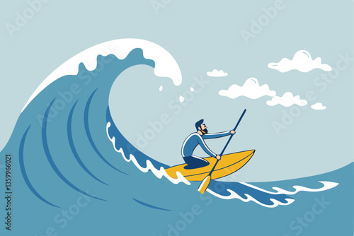 Escape from business crisis, recession or risk, adversity or challenge to survive danger, uncertainty or vulnerability, run away from trapped, hopeless concept, businessman escape from danger wave.