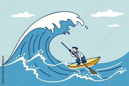 Escape from business crisis, recession or risk, adversity or challenge to survive danger, uncertainty or vulnerability, run away from trapped, hopeless concept, businessman escape from danger wave.