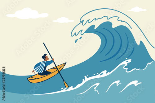 Escape from business crisis, recession or risk, adversity or challenge to survive danger, uncertainty or vulnerability, run away from trapped, hopeless concept, businessman escape from danger wave.
