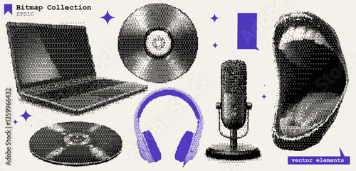 Bitmap Collage Halftone Loudspeaker Microphone Phone Camera Sound Podcast Headphones Trendy Pop Art Graphic