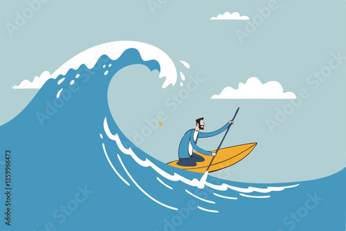 Escape from business crisis, recession or risk, adversity or challenge to survive danger, uncertainty or vulnerability, run away from trapped, hopeless concept, businessman escape from danger wave.