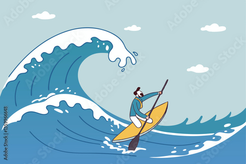 Escape from business crisis, recession or risk, adversity or challenge to survive danger, uncertainty or vulnerability, run away from trapped, hopeless concept, businessman escape from danger wave.