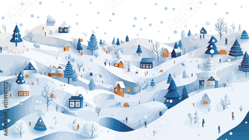 A digital illustration depicting a stylized winter landscape. The style is reminiscent of paper art or papercraft, with layered, textured elements representing snowy hills, small houses, and