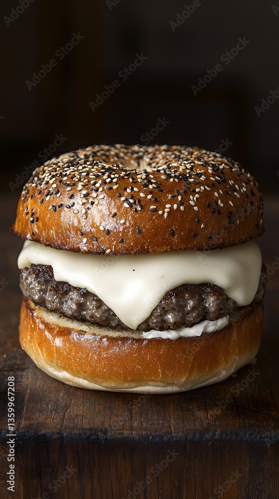 Juicy Cheeseburger on Everything Bagel, Gourmet Fast Food Juicy Cheeseburger on Everything Bagel, Gourmet Fast Food
