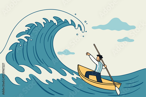 Escape from business crisis, recession or risk, adversity or challenge to survive danger, uncertainty or vulnerability, run away from trapped, hopeless concept, businessman escape from danger wave.