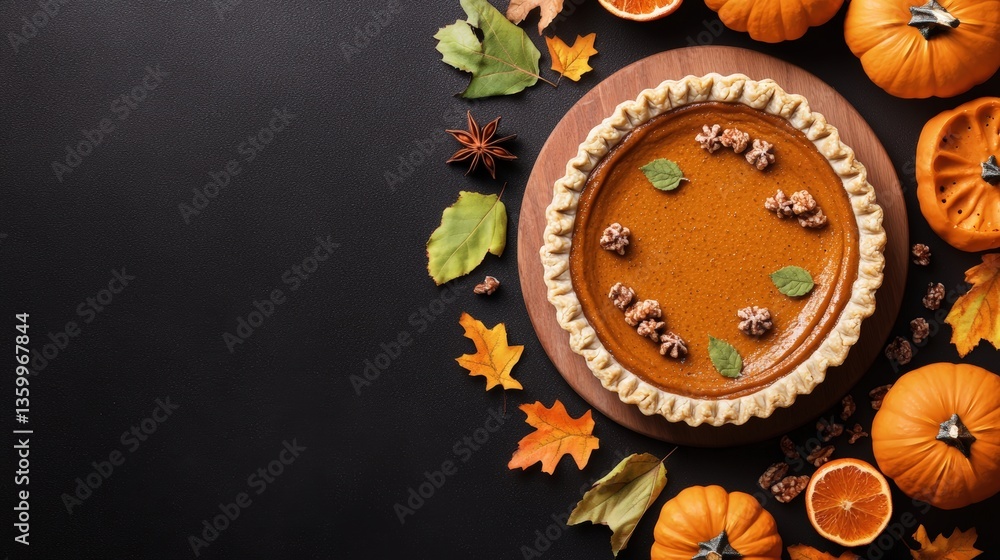 Whole pumpkin pie decorated with walnuts and mint leaves on a wooden board surrounded by mini pumpkins, fall leaves, and spices on dark background Whole pumpkin pie decorated with walnuts and mint leaves on a wooden board surrounded by mini pumpkins, fall leaves, and spices on dark background
