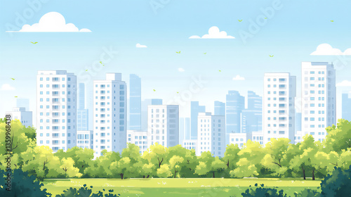 a minimalist hand-drawn illustration of a cityscape under a clear blue sky