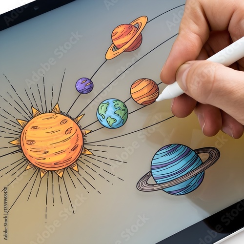 Close-Up Shot of a Hand Drawing a Solar System Illustration on a Tablet, Showcasing Digital Art of Celestial Bodies and Planetary Orbits on an Isolated Background








