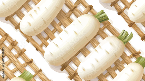High-angle, close-up view of multiple whole white radishes arranged in a repeating pattern on a light brown bamboo mat. The radishes are depicted with realistic detail, showing slight variations in