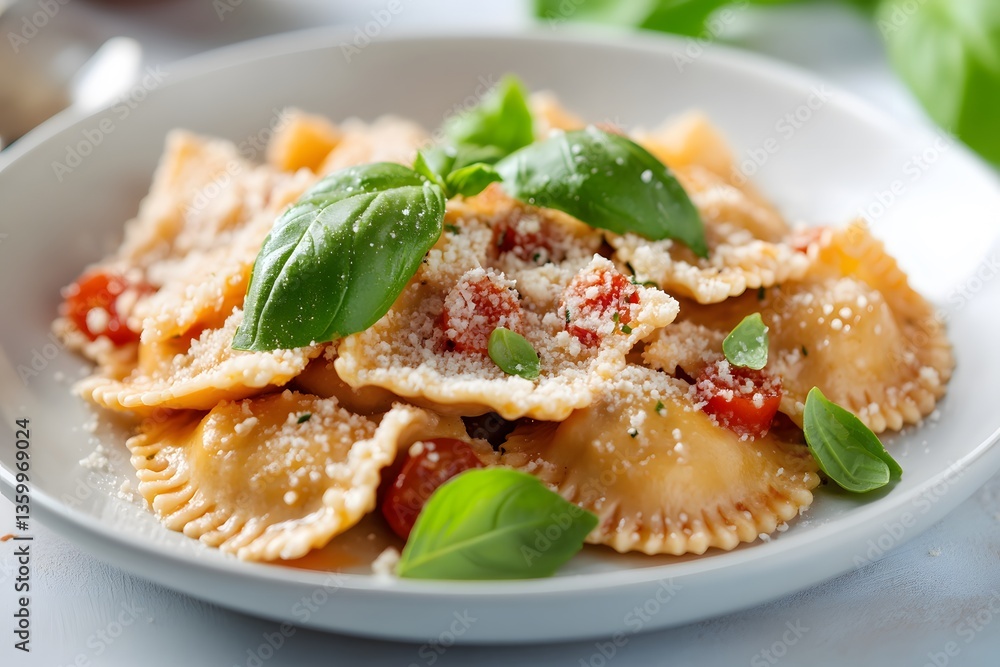 Delicious Ravioli with Tomatoes and Basil, Italian Cuisine Pasta Dish Delicious Ravioli with Tomatoes and Basil, Italian Cuisine Pasta Dish