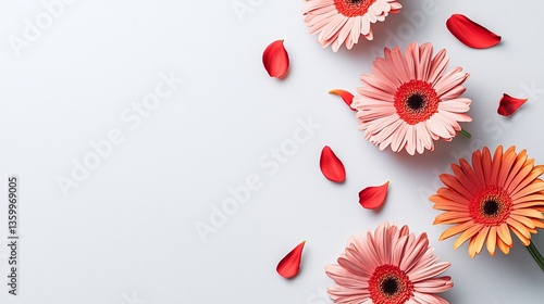 Gerbera blooms Softly-hued flowers and scattered petals against a serene backdrop with elegant floral composition
