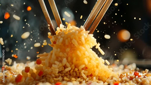 A close-up of chopsticks lifting freshly cooked fried rice with steam rising.
