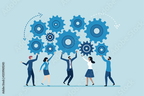 Employee engagement, teamwork collaboration or team strategy working together, partnership, community to help organization success concept, businessman colleagues help connect cogwheel gear together.