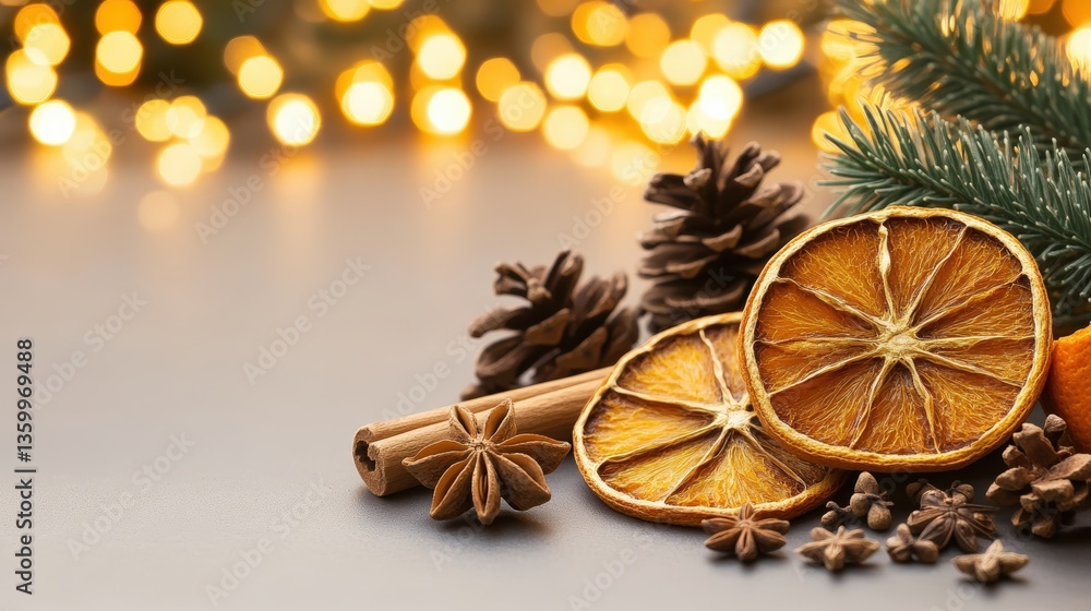 Dried orange slices, cinnamon sticks, star anise, cloves, pine cones, fir sprig on gray surface with warm-toned Christmas bokeh lights background Dried orange slices, cinnamon sticks, star anise, cloves, pine cones, fir sprig on gray surface with warm-toned Christmas bokeh lights background