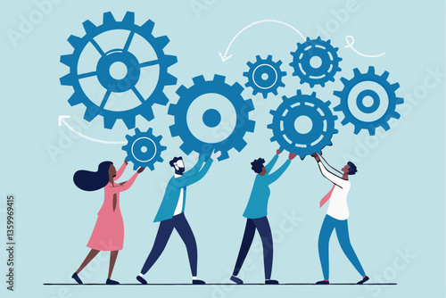 Employee engagement, teamwork collaboration or team strategy working together, partnership, community to help organization success concept, businessman colleagues help connect cogwheel gear together.
