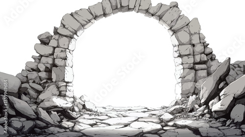 A digital rendering of a stone archway in a state of ruin.  The arch is composed of irregularly shaped grey stones, many of which are broken and scattered around the base. The stones exhibit a