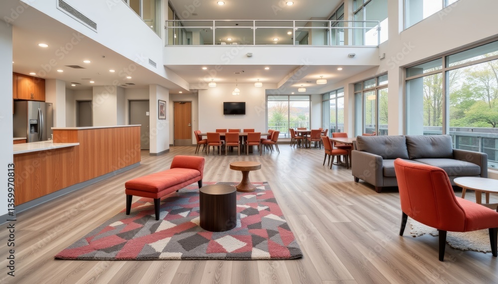 Modern open-concept common area for social gatherings, community connection Modern open-concept common area for social gatherings, community connection