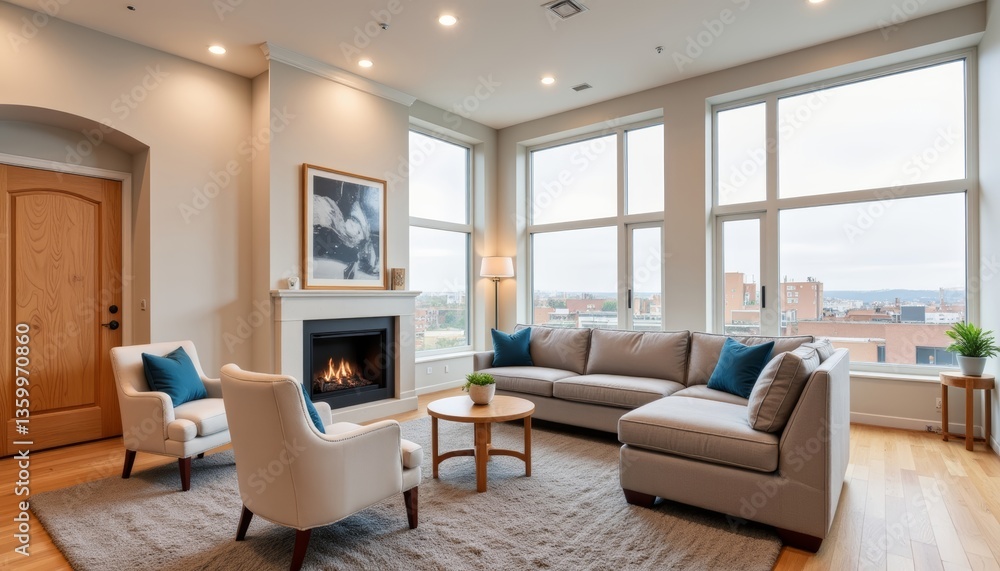 Fototapeta premium Elegant co-op common room with large windows, contemporary living