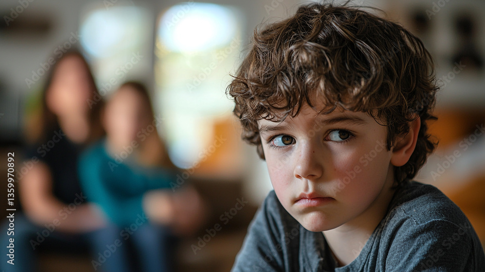 Close up of a young boy with curly hair looking to the side with blurred figures in the background Close up of a young boy with curly hair looking to the side with blurred figures in the background