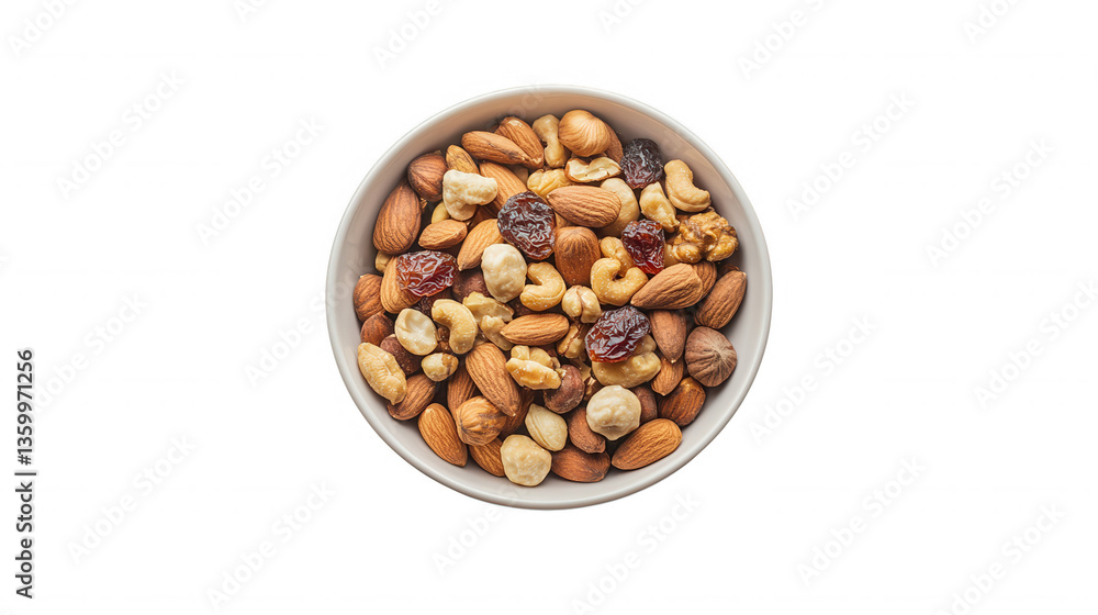 Nuts and Dried Fruits Mix in Bowl from Above Perspective Nuts and Dried Fruits Mix in Bowl from Above Perspective