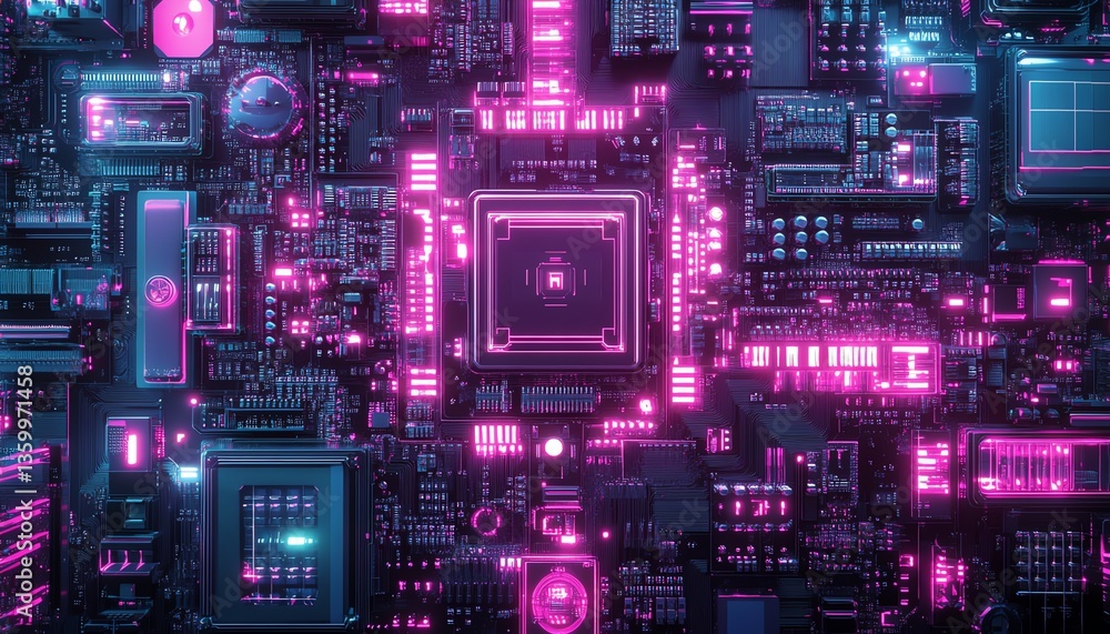 Neon pink and blue circuit board detail Neon pink and blue circuit board detail