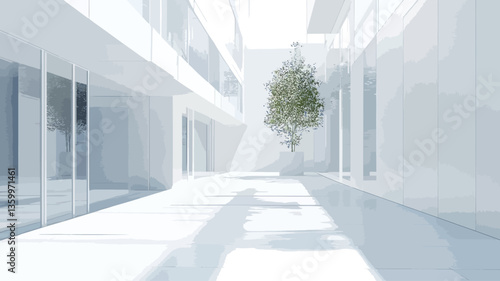 The image shows a digitally rendered or photographed interior space characterized by an all-white color palette.  The architecture features clean lines and a minimalist aesthetic. A small,
