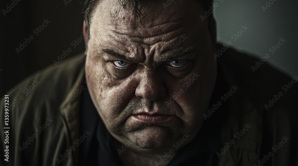 Intense Portrait of a Man with Sweaty Expression and Serious Gaze in Low Light Setting Intense Portrait of a Man with Sweaty Expression and Serious Gaze in Low Light Setting