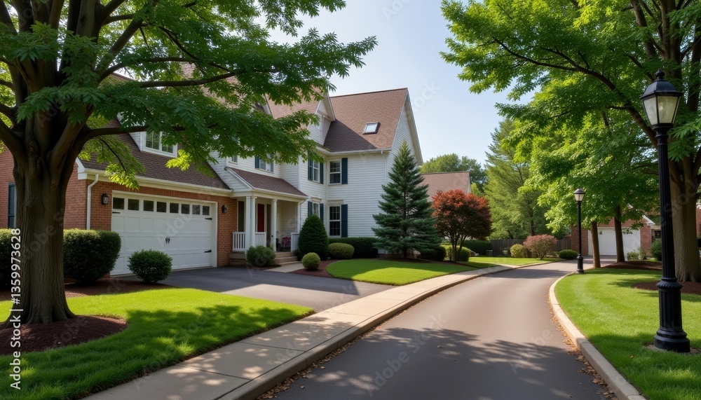 Naklejka premium Well-maintained townhouse neighborhood with streetlights and sidewalks, community harmony
