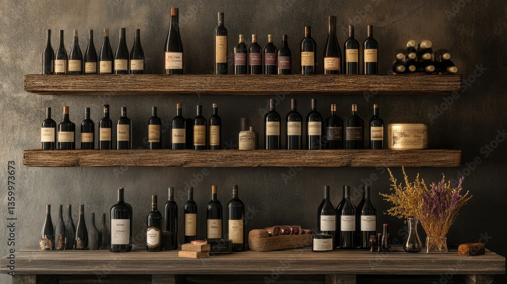 A beautifully composed shot of fine wines displayed on rustic wooden shelves, highlighting tradition and craftsmanship. A beautifully composed shot of fine wines displayed on rustic wooden shelves, highlighting tradition and craftsmanship.
