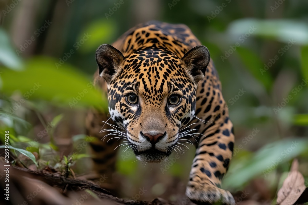 Fototapeta premium A magnificent jaguar stealthily prowls through dense jungle plants, showcasing its natural grace and the rich biodiversity of its tropical habitat in an untouched ecosystem.