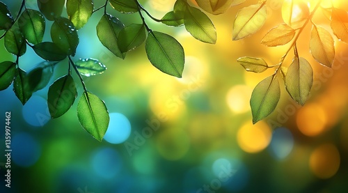 Lush Green Leaves Framing Vibrant Bokeh Background