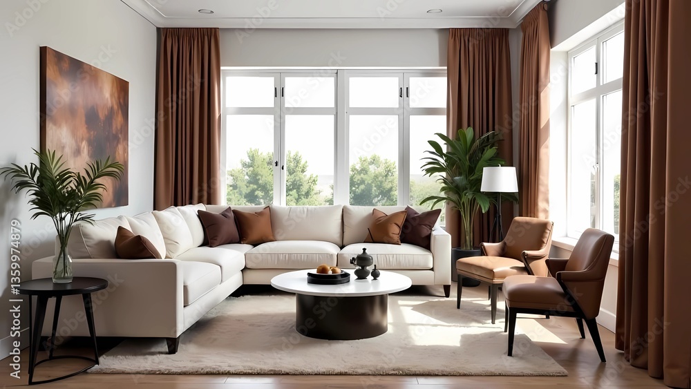 Modern interior design using Pantone 2025 Mocha Mousse color of the year. Sofa and cushions. Soft interior plants. Accent brown color and interestingly arranged furniture Modern interior design using Pantone 2025 Mocha Mousse color of the year. Sofa and cushions. Soft interior plants. Accent brown color and interestingly arranged furniture