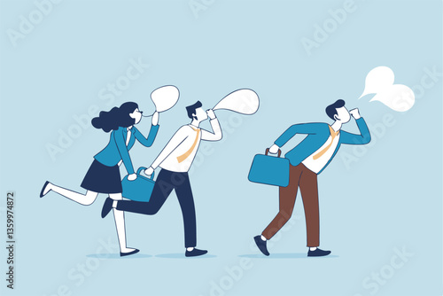 Workplace gossip, talking behind in the office, work bullying, chatter or rumor, rudeness voice or wrong information telling concept, business people gossip or talk behind colleagues in the office.