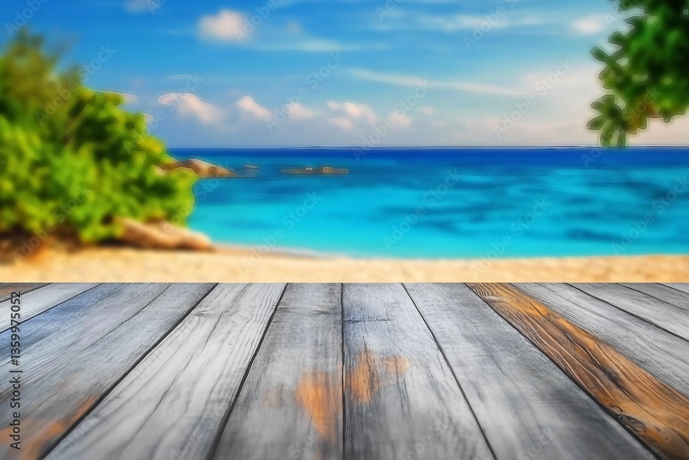 Fototapeta premium Empty summer holidays background. Horizontal travel banner for advertising product. Wooden table top in front, blurred paradise vacation. Panoramic empty counter in focus. beach and sea on background.
