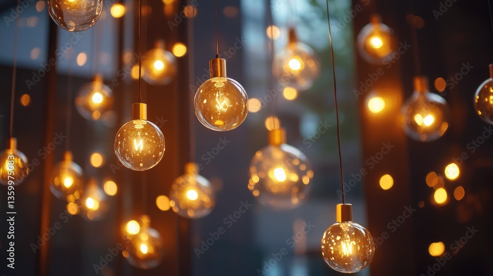 A captivating display of hanging light bulbs illuminating a modern interior with a warm ambiance and soft bokeh A captivating display of hanging light bulbs illuminating a modern interior with a warm ambiance and soft bokeh