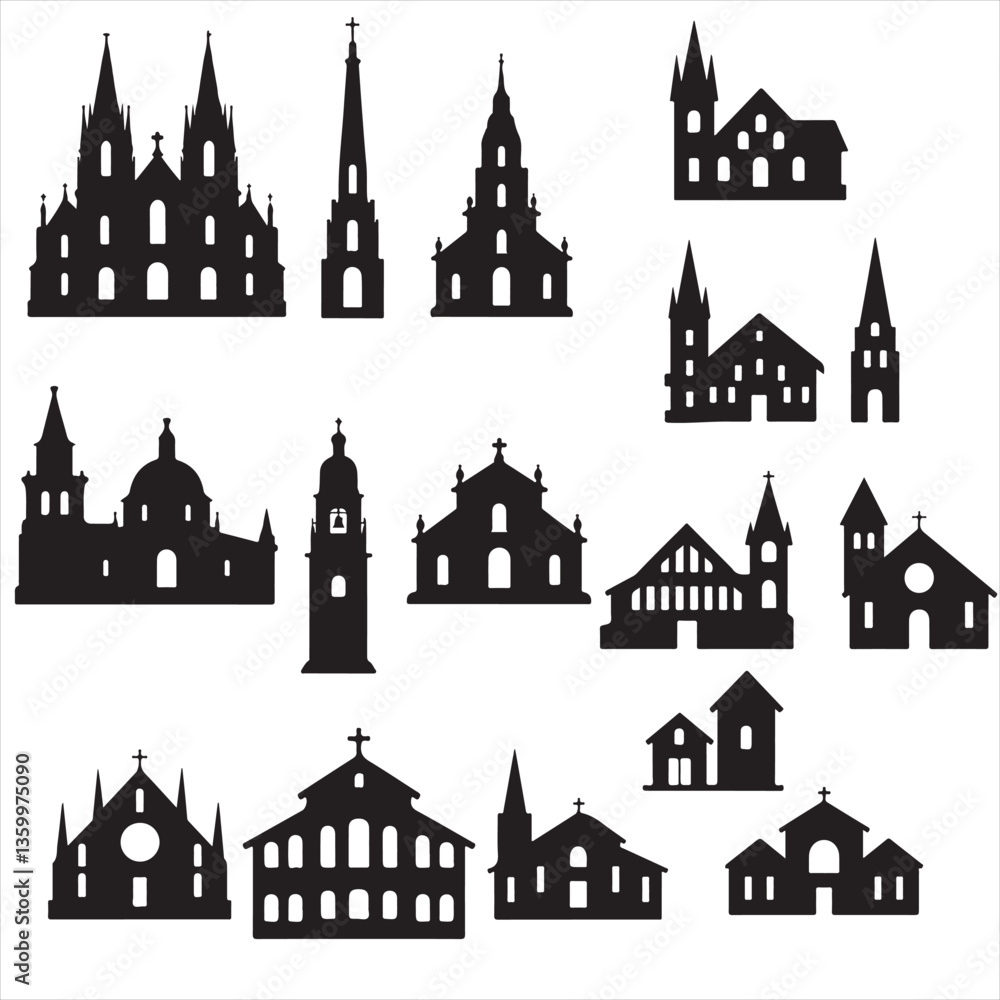 Fototapeta premium SET VECTOR VARIOS CHRUCH SILHOUETTES, WEDDING, CHRISTMAS