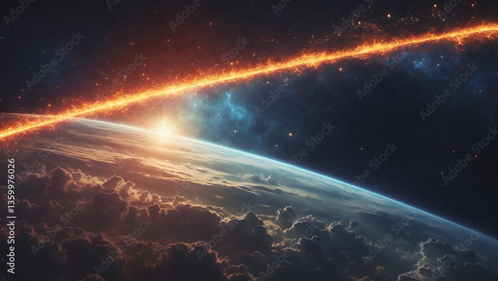 Earth view with fiery line across horizon, sun rising. Epic space view Earth view with fiery line across horizon, sun rising. Epic space view
