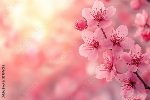 Soft-focus close-up of vibrant pink cherry blossoms against a dreamy pastel background with sunlight. Perfect for spring designs, floral campaigns, and romantic themes.