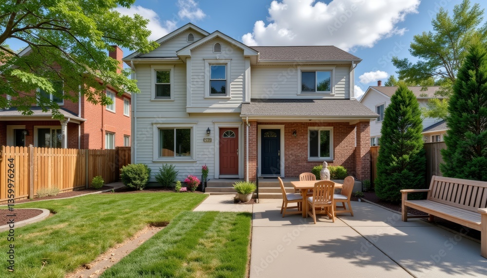 Fototapeta premium Stylish duplex townhouse with shared outdoor space, harmonious living