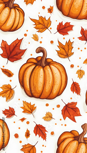 Autumn seamless vector pattern with pumpkins and leaves for harvest festival designs  -