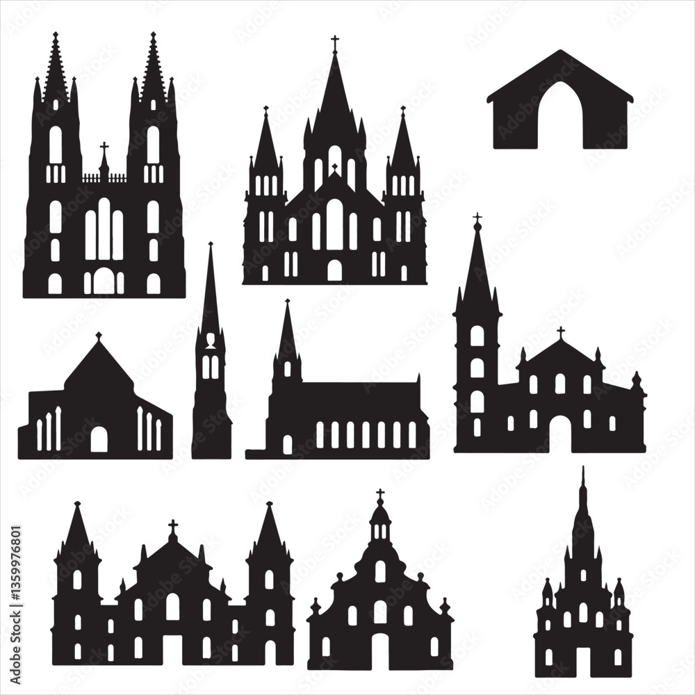 Fototapeta premium SET VECTOR VARIOS CHRUCH SILHOUETTES, WEDDING, CHRISTMAS