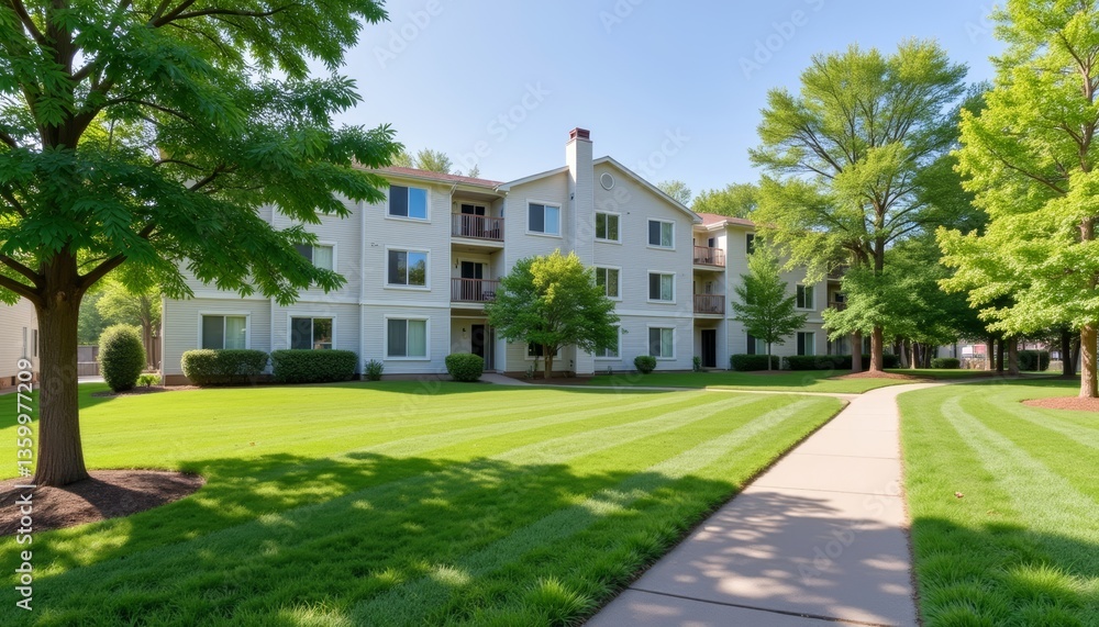 Obraz premium Tranquil condominium complex with green spaces and walking trails, serenity